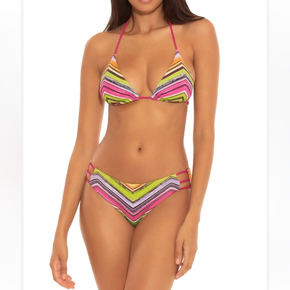 BECCA NWT Bikini Set Large Triangle Top Small Bottom Reversible Pink Stripe